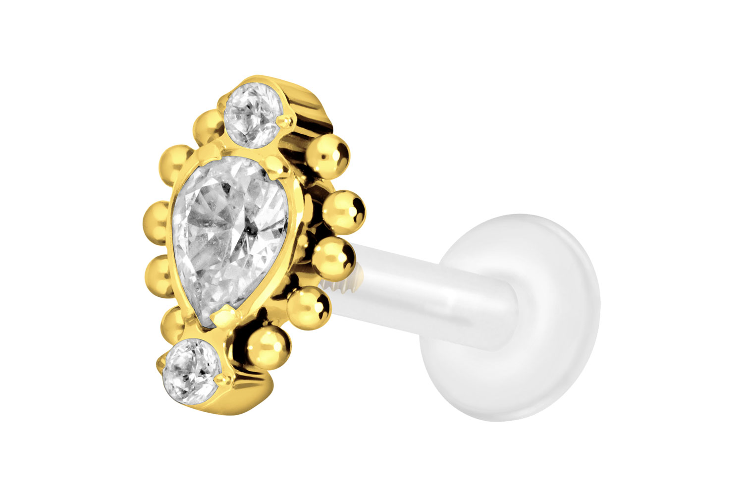 PTFE Labret Piercing mit Innengewinde + Titan-Aufsatz 3 EINGEFASSTE KRISTALLE + KUGELN